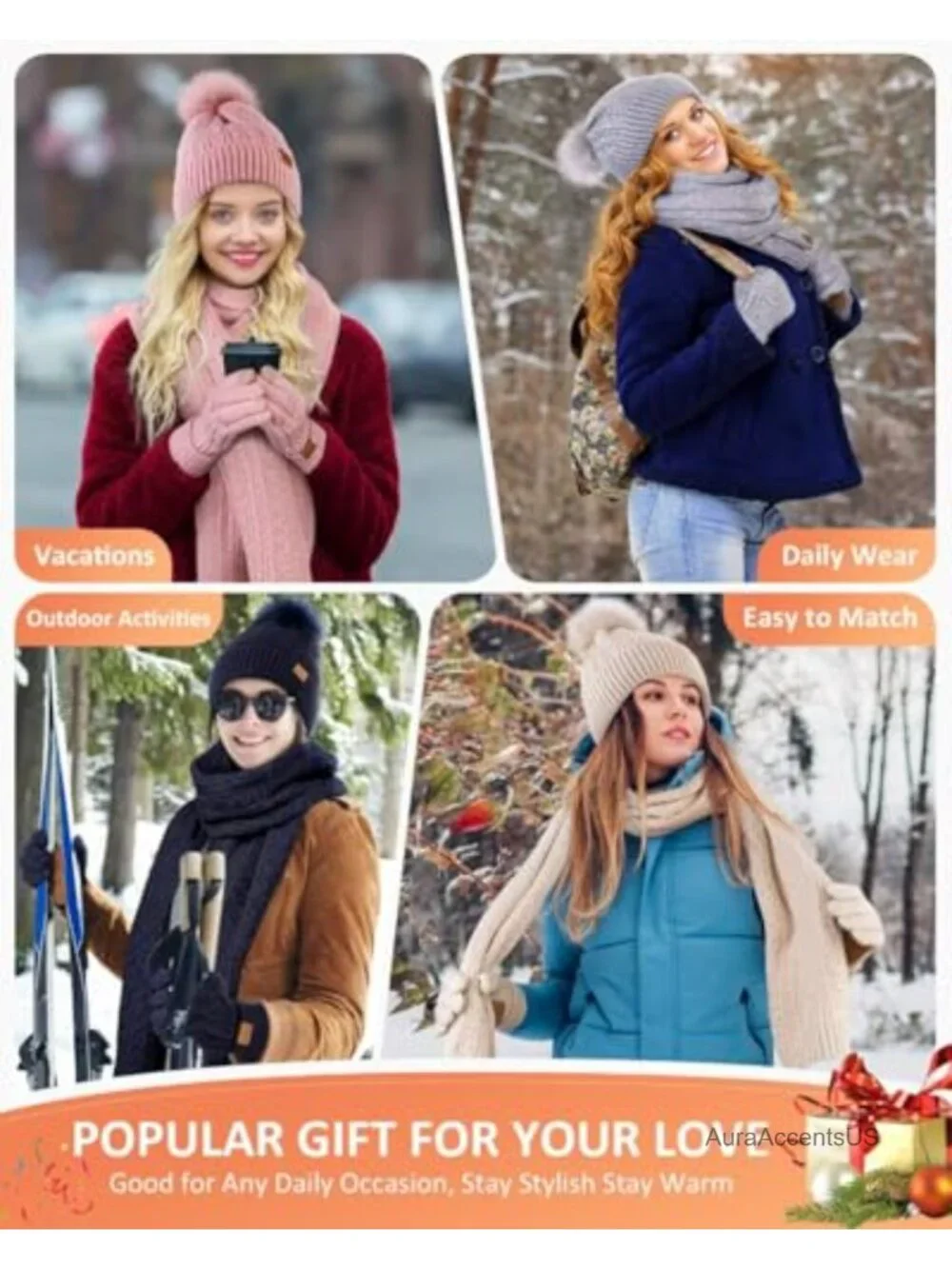 Women's Winter Beanie Scarf Gloves Set Fleece Lined Touchscreen Alpaca Wool